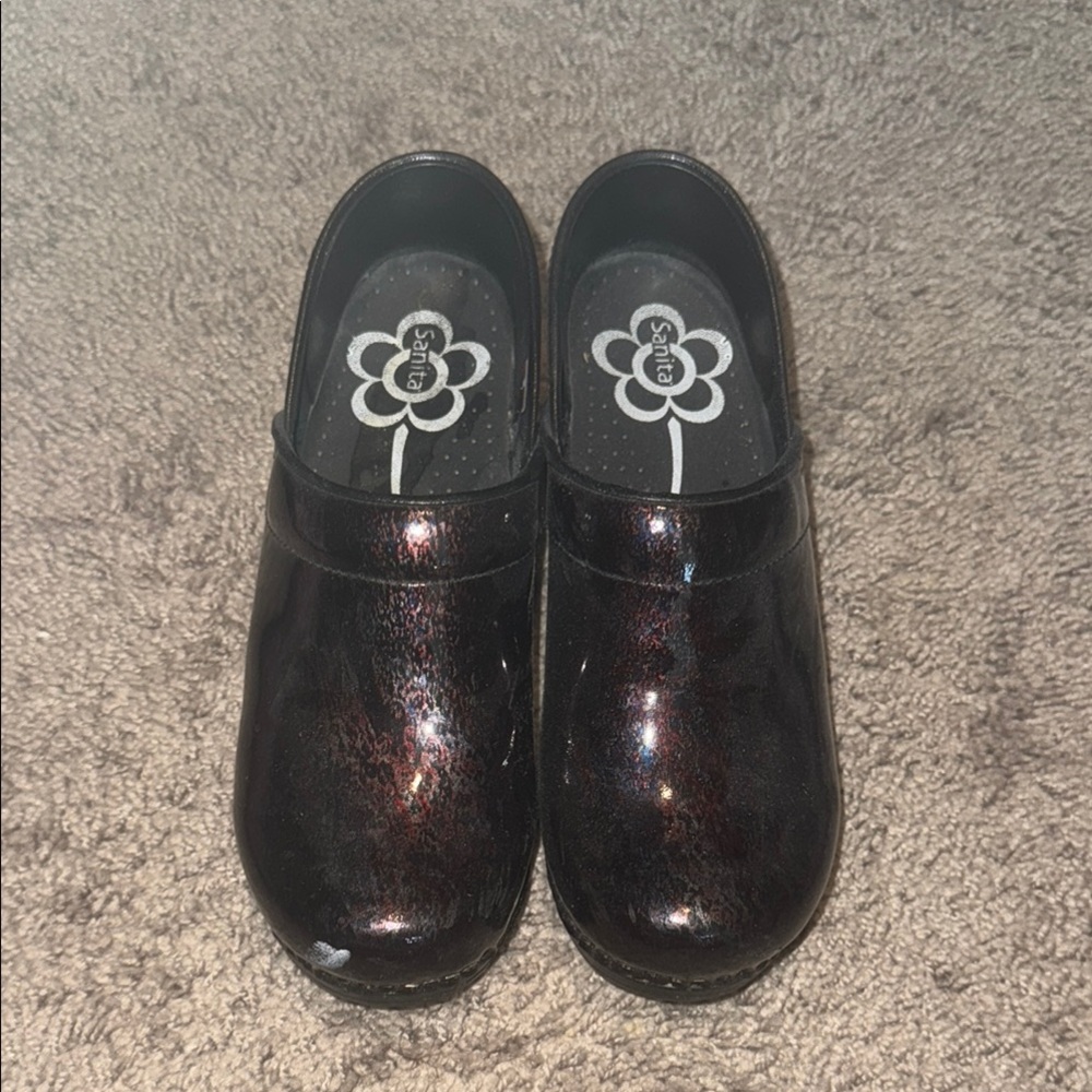 Sanita Black Mules & Clogs with Glossy Finish